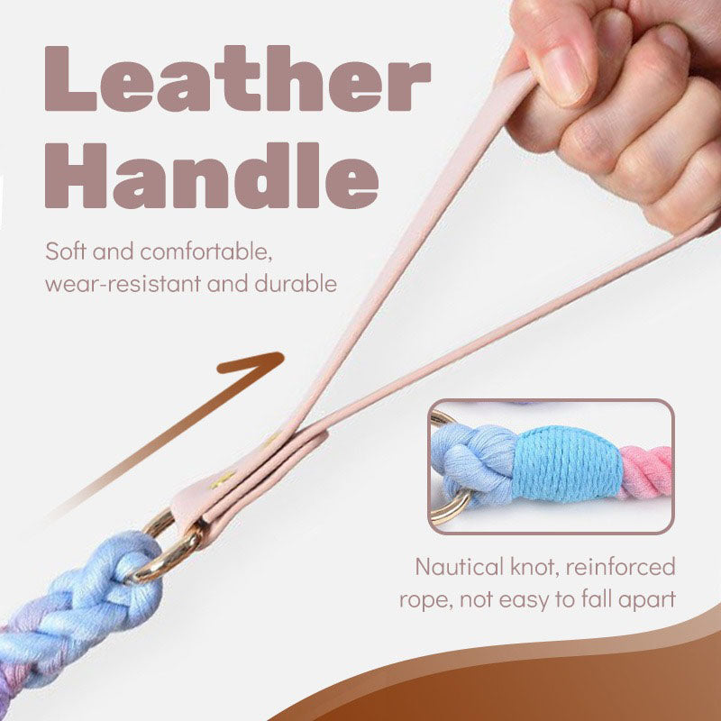 Purple Hand-Woven Rainbow Cotton Rope Dog Leash and Collar Set - Adjustable Veg-Tanned Leather Trim with Heavy Duty Metal Hardware - 150cm Training Lead and M Size Collar - view 3