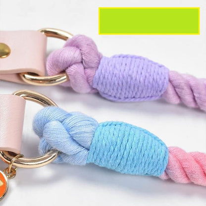 Pink Hand-Woven Rainbow Cotton Rope Dog Leash and Collar Set - Adjustable Veg-Tanned Leather Trim with Heavy Duty Metal Hardware - 150cm Training Lead and M Size Collar - view 6