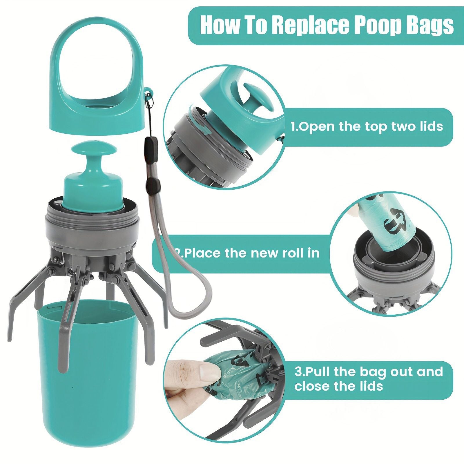 Blue Portable 6-Claw Pet Pooper Scooper - Hands-Free Dog Waste Picker with Integrated Bag Dispenser and Storage Cap - Lightweight Sanitary Waste Removal Tool for Outdoor Walking and Travel - view 4