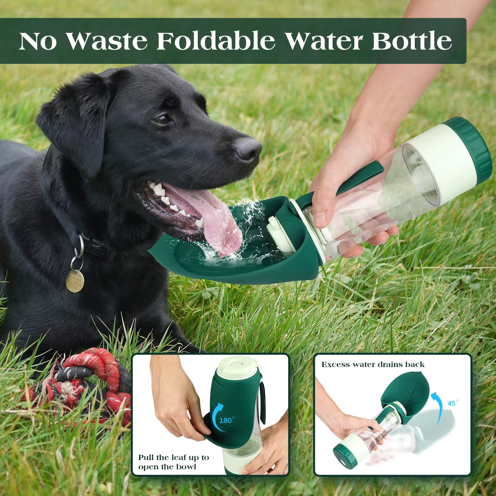 Green 2-in-1 Portable Dog Water Bottle and Food Container - Leaf-Shaped Silicone Travel Bowl for Pets, Leak-Proof Outdoor Dispenser for Walking, Hiking and Traveling, 330ml Capacity - view 4