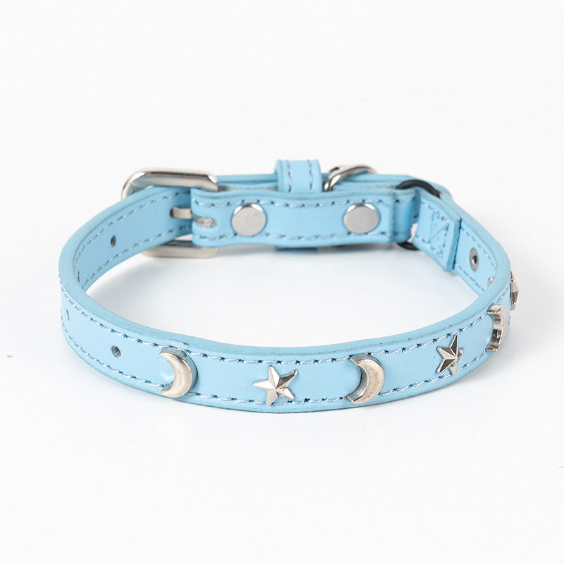 3 pcs Light blue Stylish PU Leather Pet Collar - Anti-Loss, Puppy Bell, Star & Moon Design Width 1.2cm Total Length 35cm - view 2