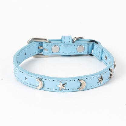 3 pcs Light blue Stylish PU Leather Pet Collar - Anti-Loss, Puppy Bell, Star & Moon Design Width 1.2cm Total Length 35cm - view 2