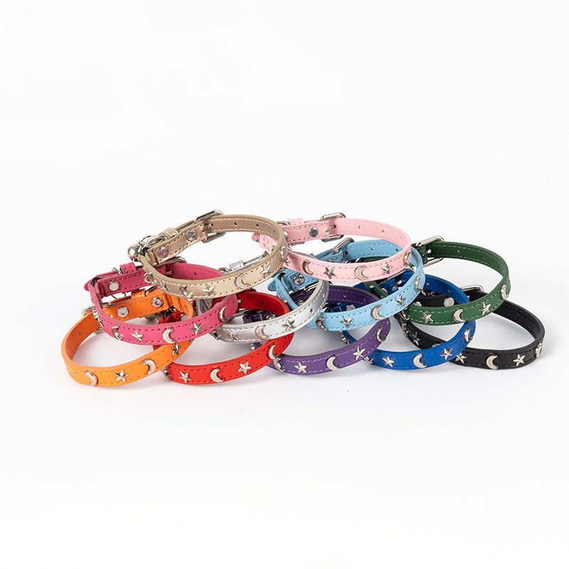 3 pcs Light blue Stylish PU Leather Pet Collar - Anti-Loss, Puppy Bell, Star & Moon Design Width 1.2cm Total Length 35cm - view 3