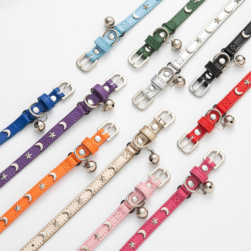3 pcs Light blue Stylish PU Leather Pet Collar - Anti-Loss, Puppy Bell, Star & Moon Design Width 1.2cm Total Length 35cm - view 4