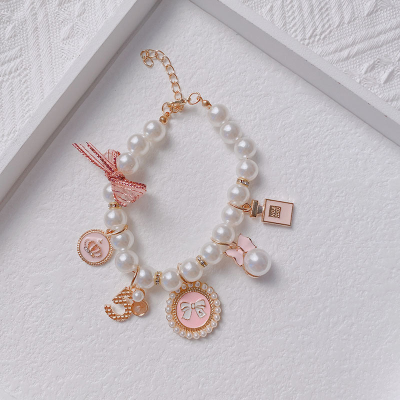 Pink 4-PCS Pearl Charm Pet Necklace - Adjustable Bowknot Collar for Small Dogs & Cats (L: 30+5CM) - view 2
