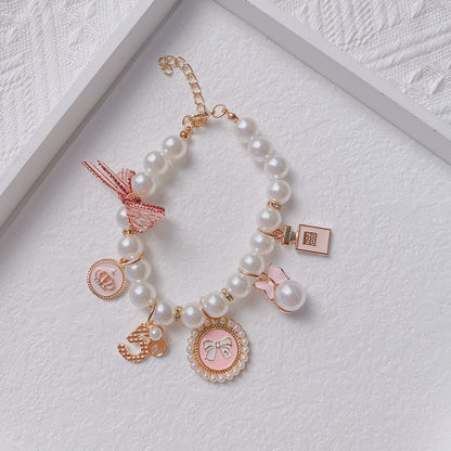 Pink 4-PCS Pearl Charm Pet Necklace - Adjustable Bowknot Collar for Small Dogs & Cats (L: 30+5CM) - view 2