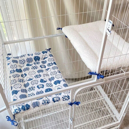 Tie-On Cat Cage Platform Pad - Blue cat pattern on white background (30x50cm) - view 4