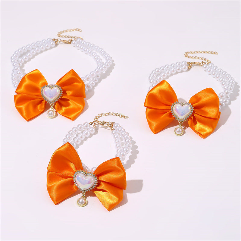 2 - PCS Cute Pet Pearl Necklace Collar with Orange Bow and Heart Charm - Size M - view 2