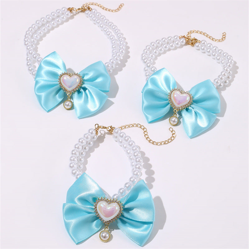2 - PCS Cute Pet Pearl Necklace Collar with Blue Bow and Heart Charm - Size M - view 2