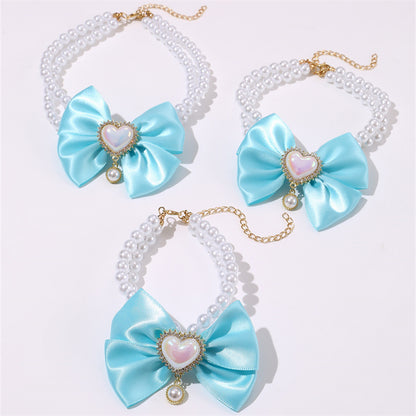 2 - PCS Cute Pet Pearl Necklace Collar with Blue Bow and Heart Charm - Size M - view 2