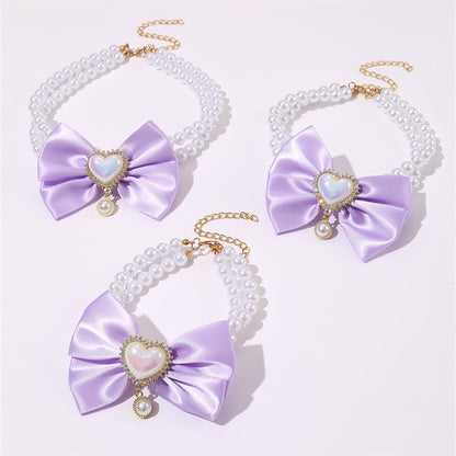 2 - PCS Cute Pet Pearl Necklace Collar with Purple Bow and Heart Charm - Size M - view 2