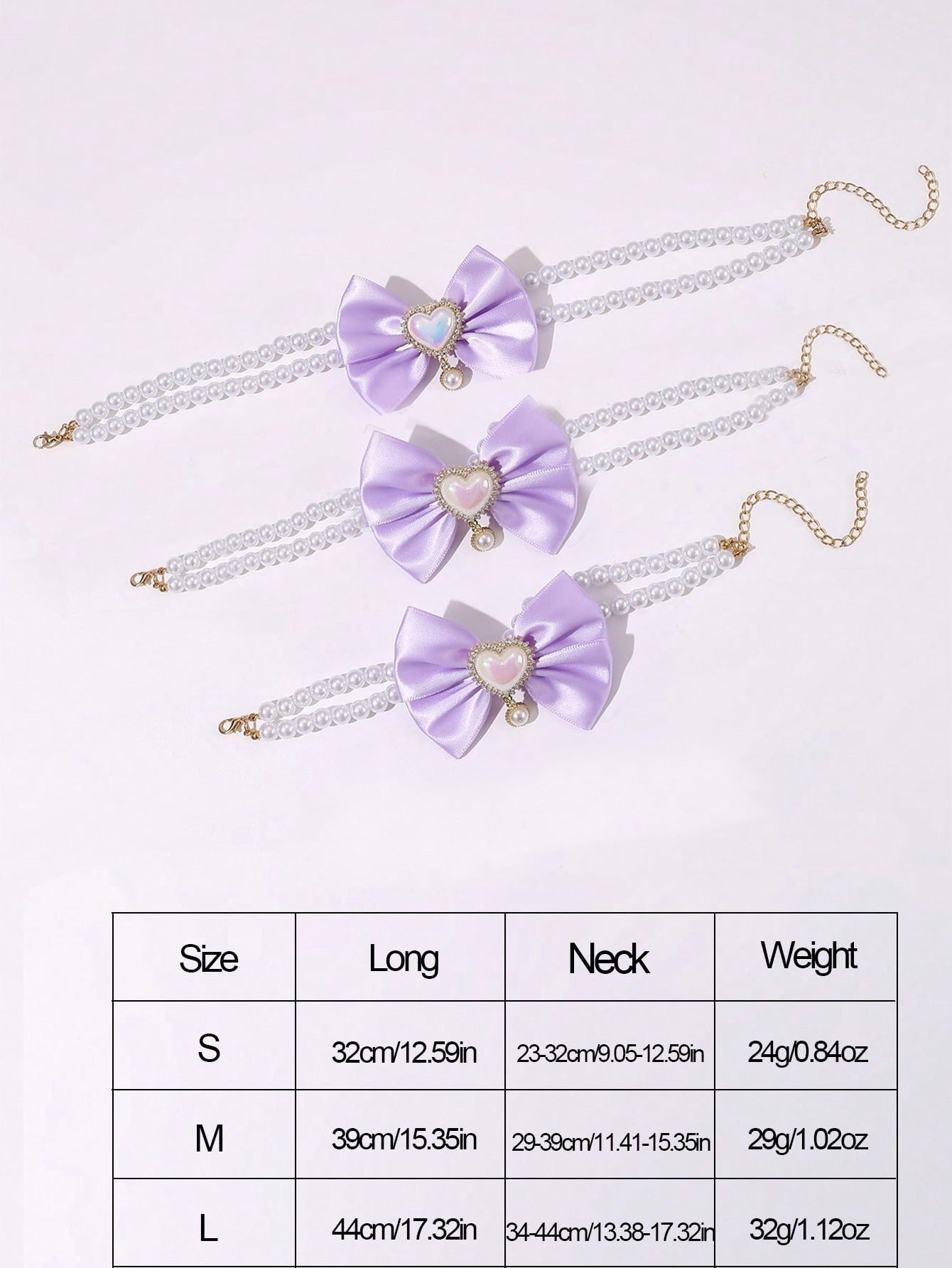 2 - PCS Cute Pet Pearl Necklace Collar with Purple Bow and Heart Charm - Size M - view 3