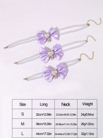 2 - PCS Cute Pet Pearl Necklace Collar with Purple Bow and Heart Charm - Size M - view 3