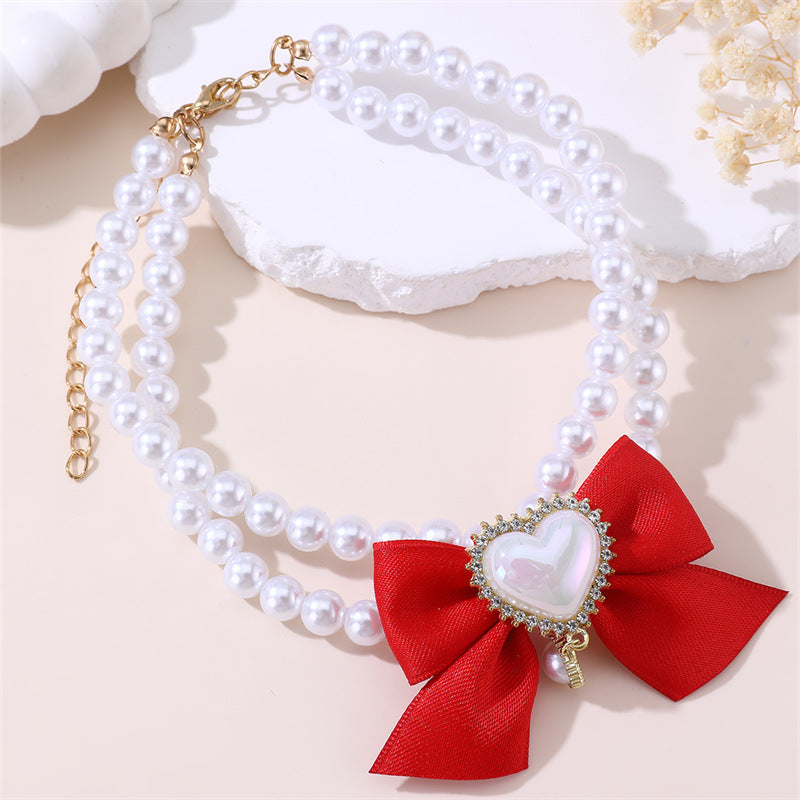 2 - PCS Cute Pet Pearl Necklace Collar with Red Bow and Heart Charm - Size M - view 2