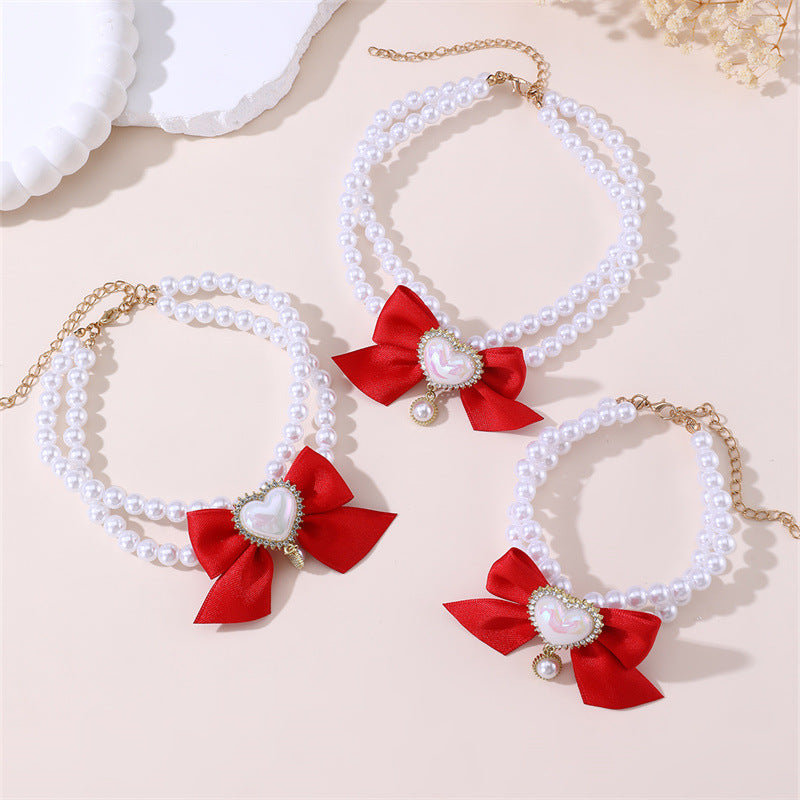 2 - PCS Cute Pet Pearl Necklace Collar with Red Bow and Heart Charm - Size M - view 3