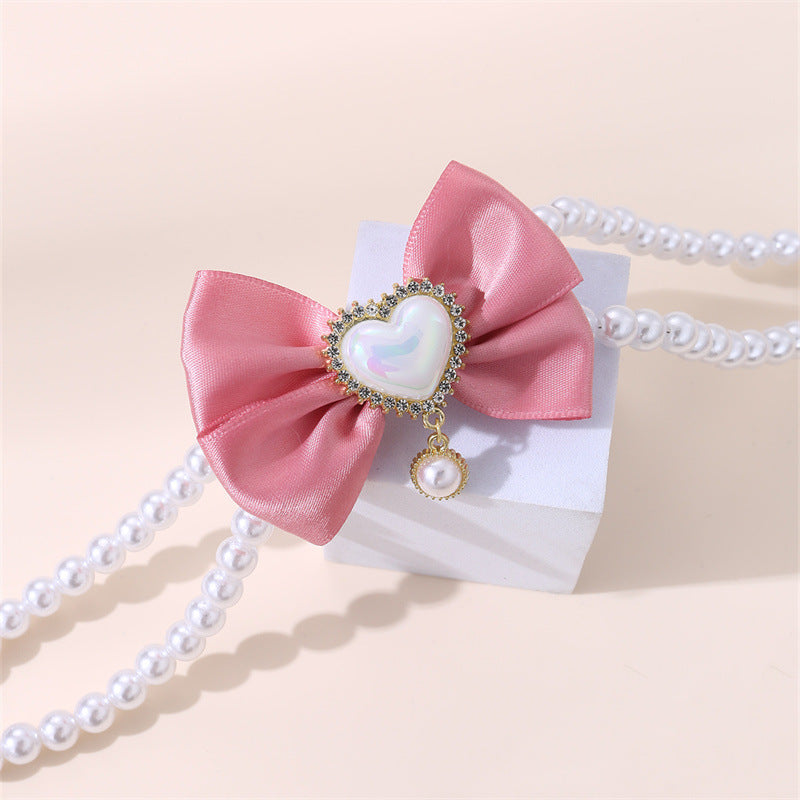 2 - PCS Cute Pet Pearl Necklace Collar with Pink Bow and Heart Charm - Size M - view 2