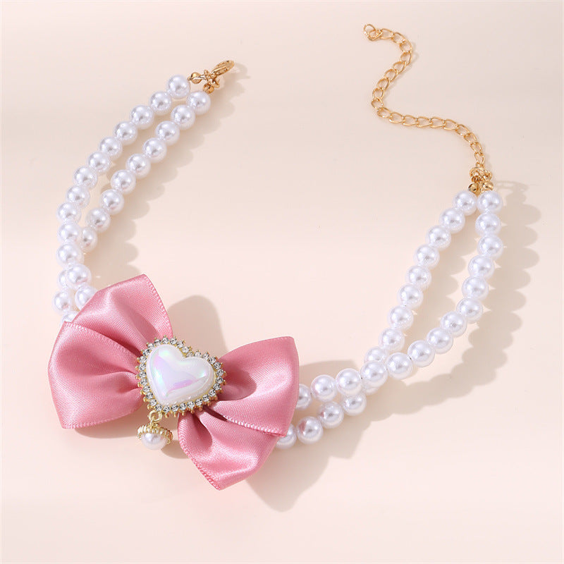 2 - PCS Cute Pet Pearl Necklace Collar with Pink Bow and Heart Charm - Size M - view 3