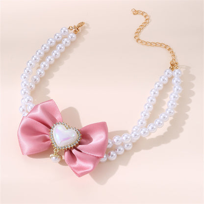 2 - PCS Cute Pet Pearl Necklace Collar with Pink Bow and Heart Charm - Size M - view 3