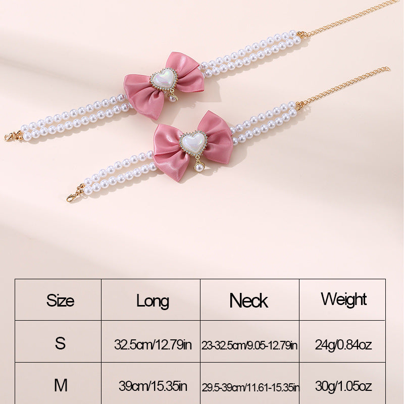 2 - PCS Cute Pet Pearl Necklace Collar with Pink Bow and Heart Charm - Size M - view 4