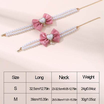 2 - PCS Cute Pet Pearl Necklace Collar with Pink Bow and Heart Charm - Size M - view 4