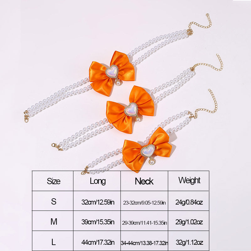 2 - PCS Cute Pet Pearl Necklace Collar with Orange Bow and Heart Charm - Size L - view 3