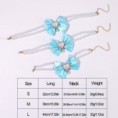 2 - PCS Cute Pet Pearl Necklace Collar with Blue Bow and Heart Charm - Size L - view 3