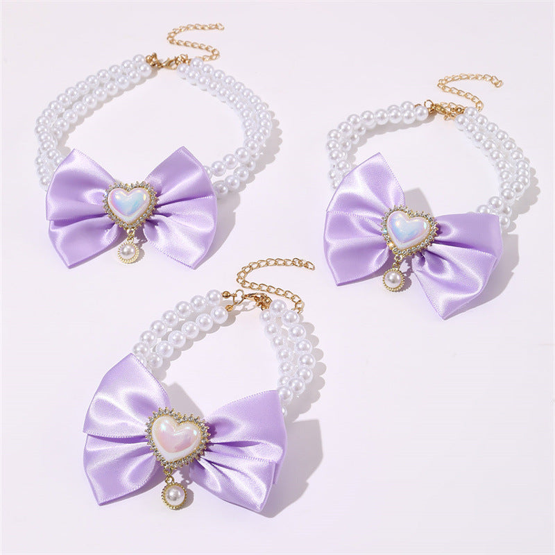2 - PCS Cute Pet Pearl Necklace Collar with Purple Bow and Heart Charm - Size L - view 2