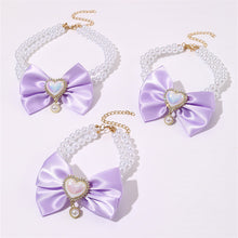 2 - PCS Cute Pet Pearl Necklace Collar with Purple Bow and Heart Charm - Size L - view 2