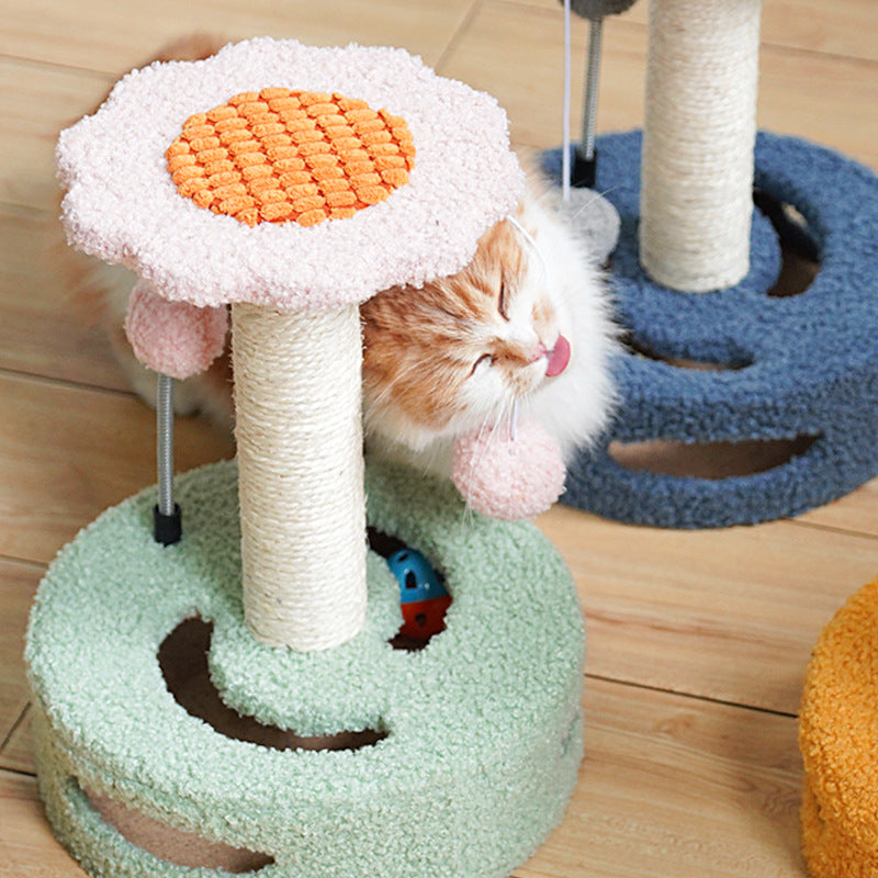 Green And Pink Sunflower Cat Scratching Post - 35cm Sisal Cat Tree with Plush Toys for Small Cats - view 2