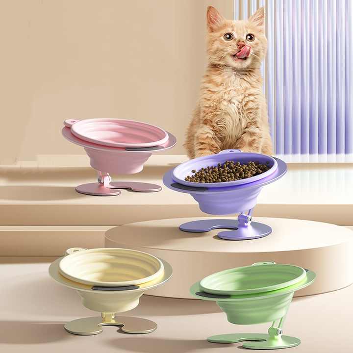 Purple Foldable Elevated Pet Bowl Set - Tilted Ergonomic Cat Feeder with Aluminum Stand & Silicone Bowl - view 2