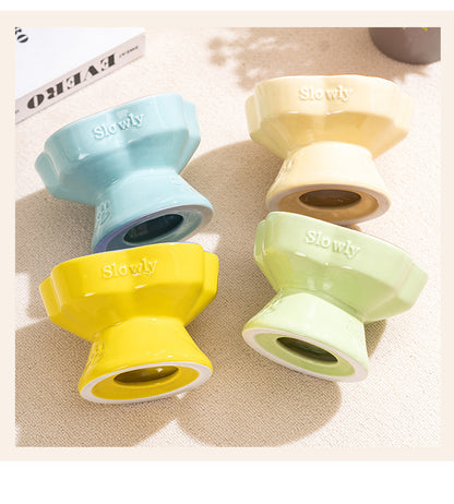 Green and Brown Ceramic Slow Feeder Pet Bowl for Cats and Small Dogs - Anti-Choke Elevated Design with 15-Degree Tilted Rim - view 3