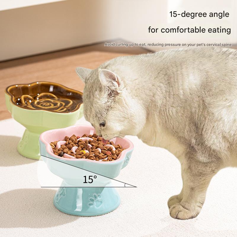 Green and Brown Ceramic Slow Feeder Pet Bowl for Cats and Small Dogs - Anti-Choke Elevated Design with 15-Degree Tilted Rim - view 5
