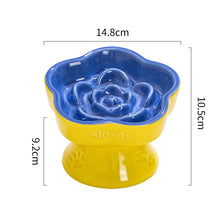 Yellow and Blue Ceramic Slow Feeder Pet Bowl for Cats and Small Dogs - Anti-Choke Elevated Design with 15-Degree Tilted Rim