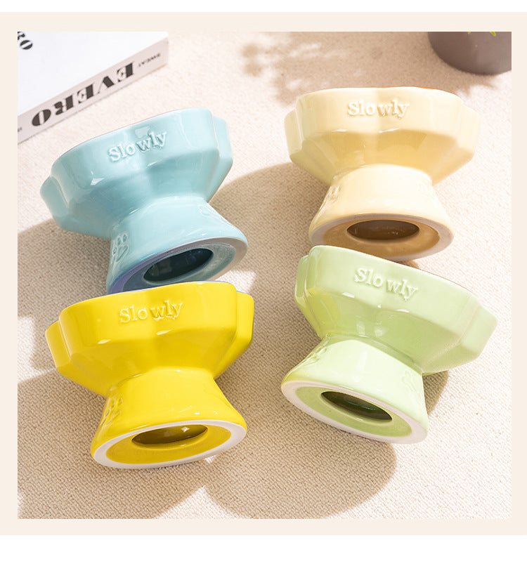 Yellow and Blue Ceramic Slow Feeder Pet Bowl for Cats and Small Dogs - Anti-Choke Elevated Design with 15-Degree Tilted Rim - view 3