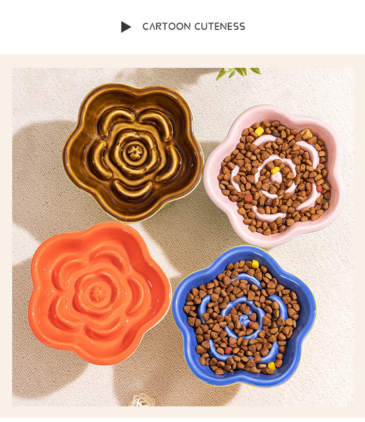 Khaki and Orange Ceramic Slow Feeder Pet Bowl for Cats and Small Dogs - Anti-Choke Elevated Design with 15-Degree Tilted Rim - view 2