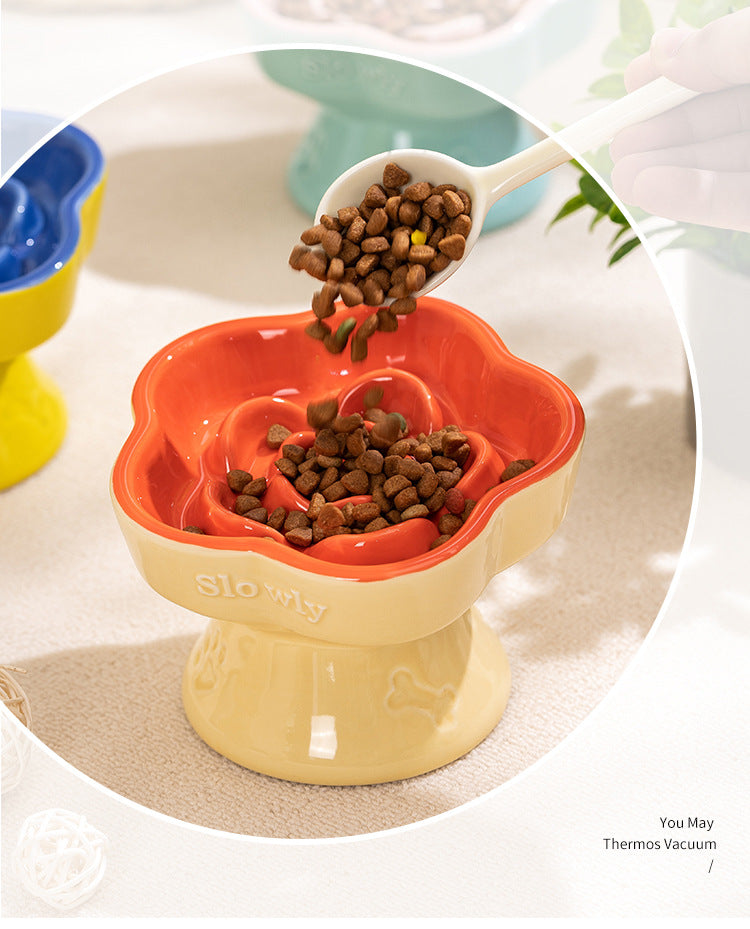 Khaki and Orange Ceramic Slow Feeder Pet Bowl for Cats and Small Dogs - Anti-Choke Elevated Design with 15-Degree Tilted Rim - view 4