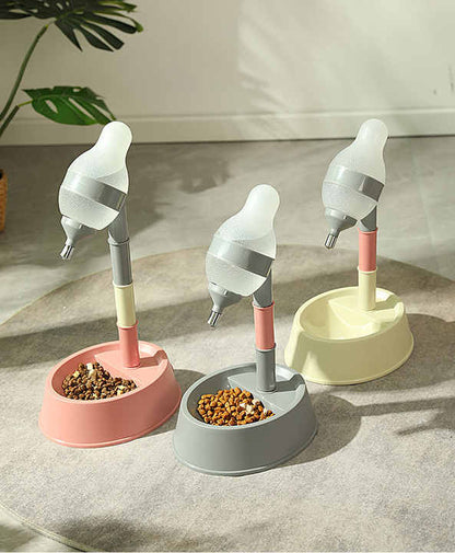 Beige Base Adjustable Height Pet Water Dispenser with Food Bowl Base - Non-Drip Bottle Feeder Station for Dogs & Cats - view 2