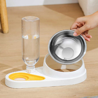 White And Yellow Pet Bowl Set with Automatic Gravity Water Dispenser - Stainless Steel & PP Feeder Station - view 3