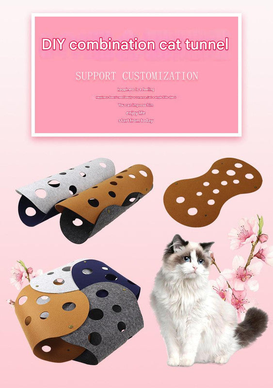 DIY Felt Cat Tunnel - Foldable Egg Roll-Shaped Pet Toy with Multiple Holes(Brown + Green) - view 4