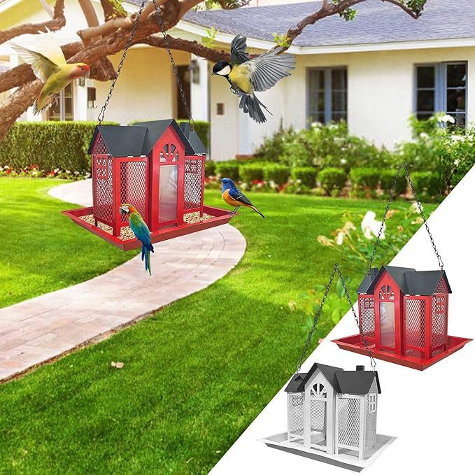 Charming House-Shaped Hanging Bird Feeder - Durable Metal Design for Wild Birds(pink) - view 4