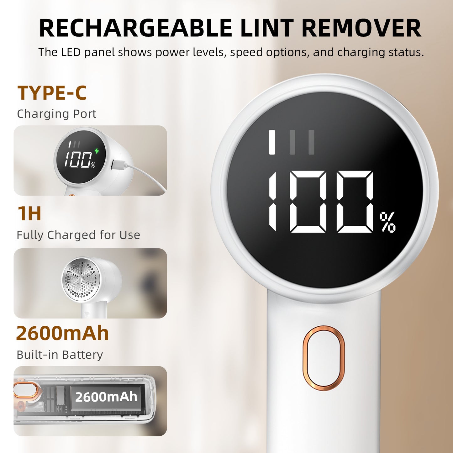 Rechargeable Electric Lint Remover with LED Display - 3 Speed Levels, USB-C Charging, 2600mAh Battery(black) - view 3