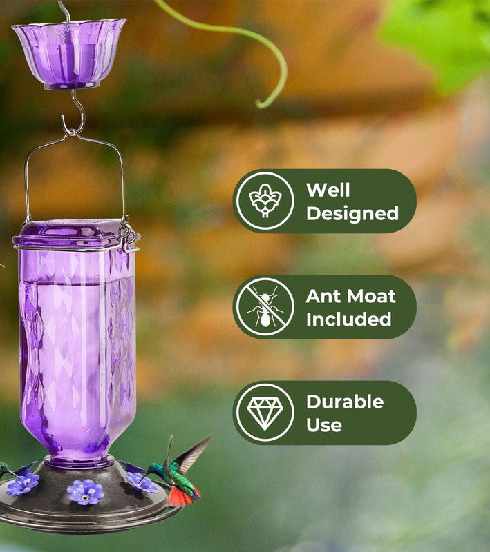 Elegant Hanging Hummingbird Feeder - Decorative Glass Nectar Bottle with Ant Moat, 6 Feeding Ports(Purple) - view 3