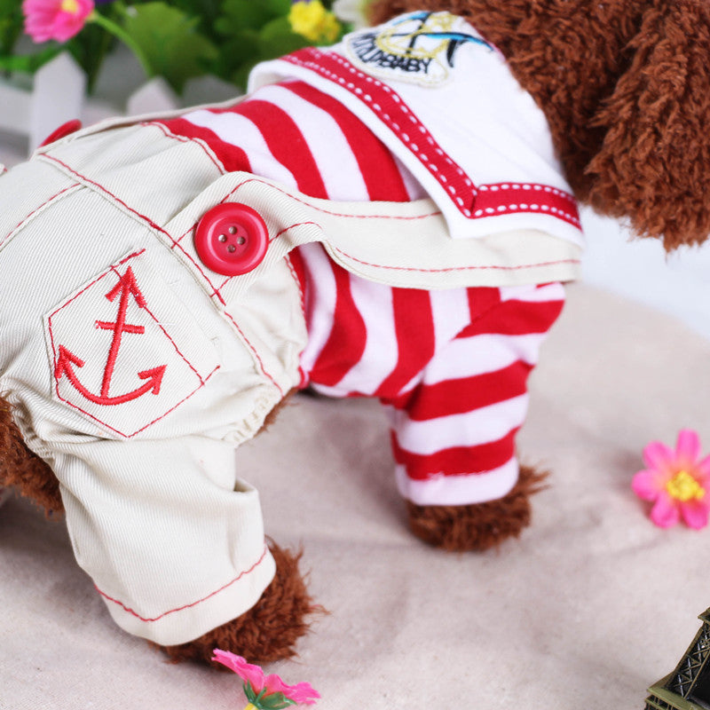 Red Cute Sailor Dog Outfit - Striped Shirt & Anchor Overalls for Small Dogs (Size : S) - view 2