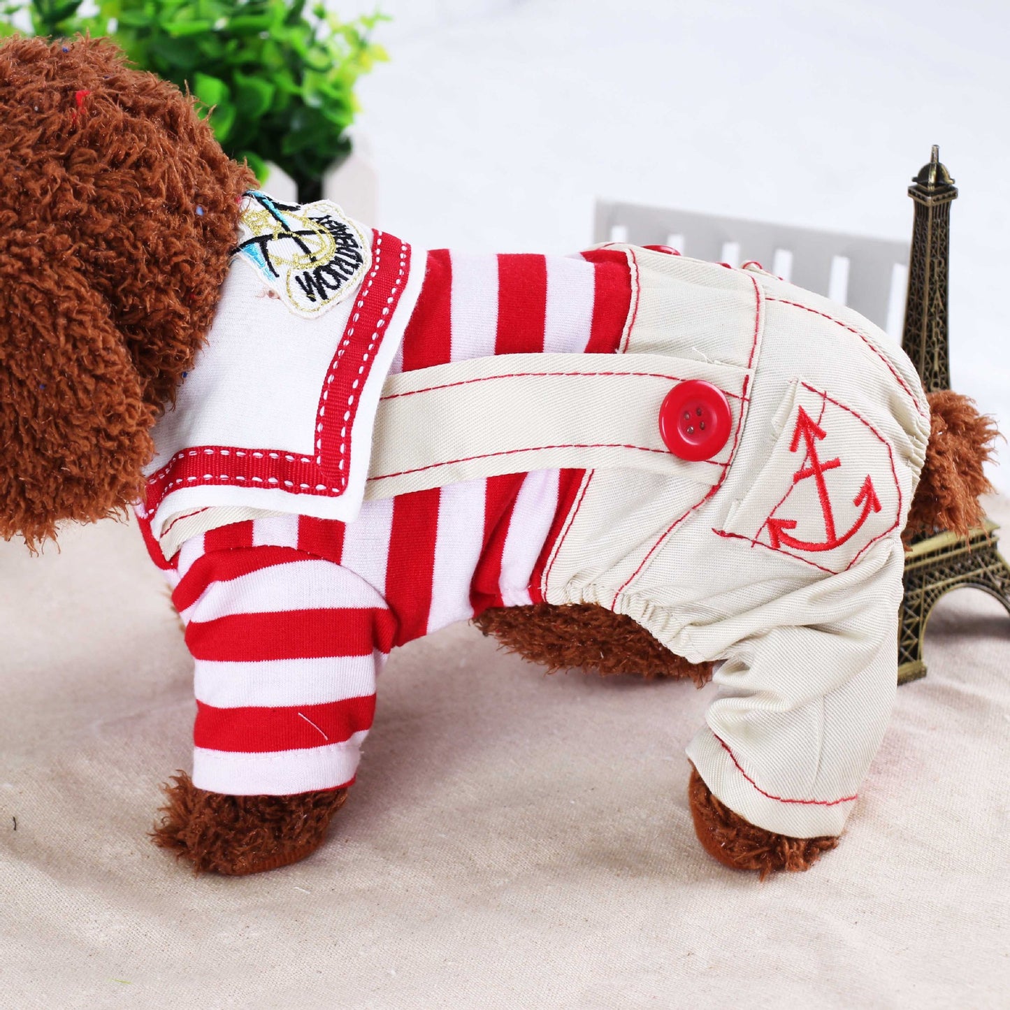 Red Cute Sailor Dog Outfit - Striped Shirt & Anchor Overalls for Small Dogs (Size : L)