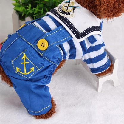 Blue Cute Sailor Dog Outfit - Striped Shirt & Anchor Overalls for Small Dogs (Size : S)