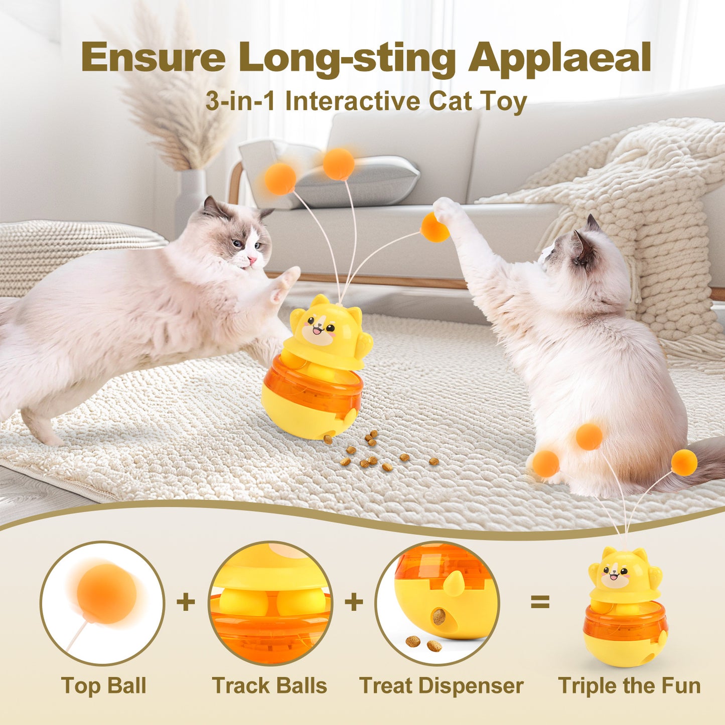 Yellow 3-in-1 Interactive Cat Toy - Tumbler, Treat Dispenser, Track & Teaser Ball - view 2