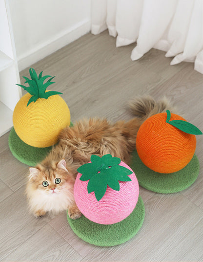Pink Strawberry And Green Base Fun Fruit Shaped Sisal Cat Scratcher Ball - Durable Scratching Toy with Stable Base - view 4