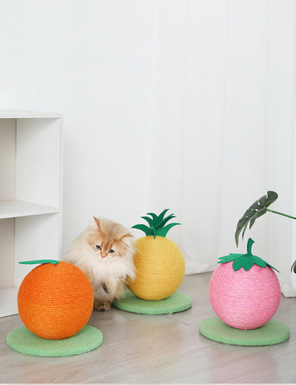 Orange Orange And Green Base Fun Fruit Shaped Sisal Cat Scratcher Ball - Durable Scratching Toy with Stable Base - view 3