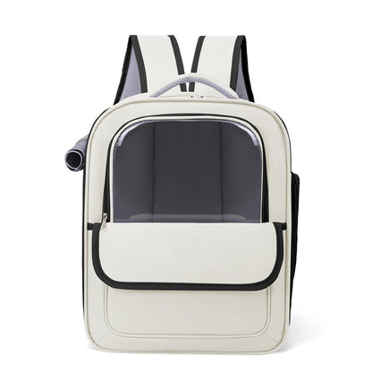 Beige And Black Spacious Pet Carrier Backpack with Clear Window - Comfortable Travel Bag for Cats & Small Dogs