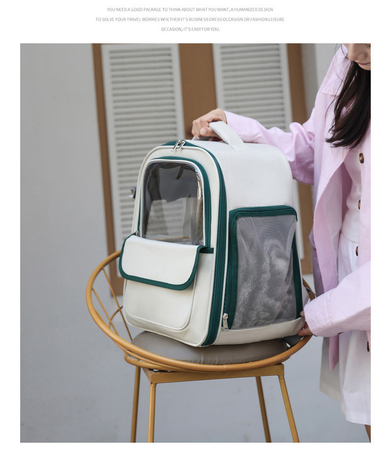 Beige And Green Spacious Pet Carrier Backpack with Clear Window - Comfortable Travel Bag for Cats & Small Dogs - view 9
